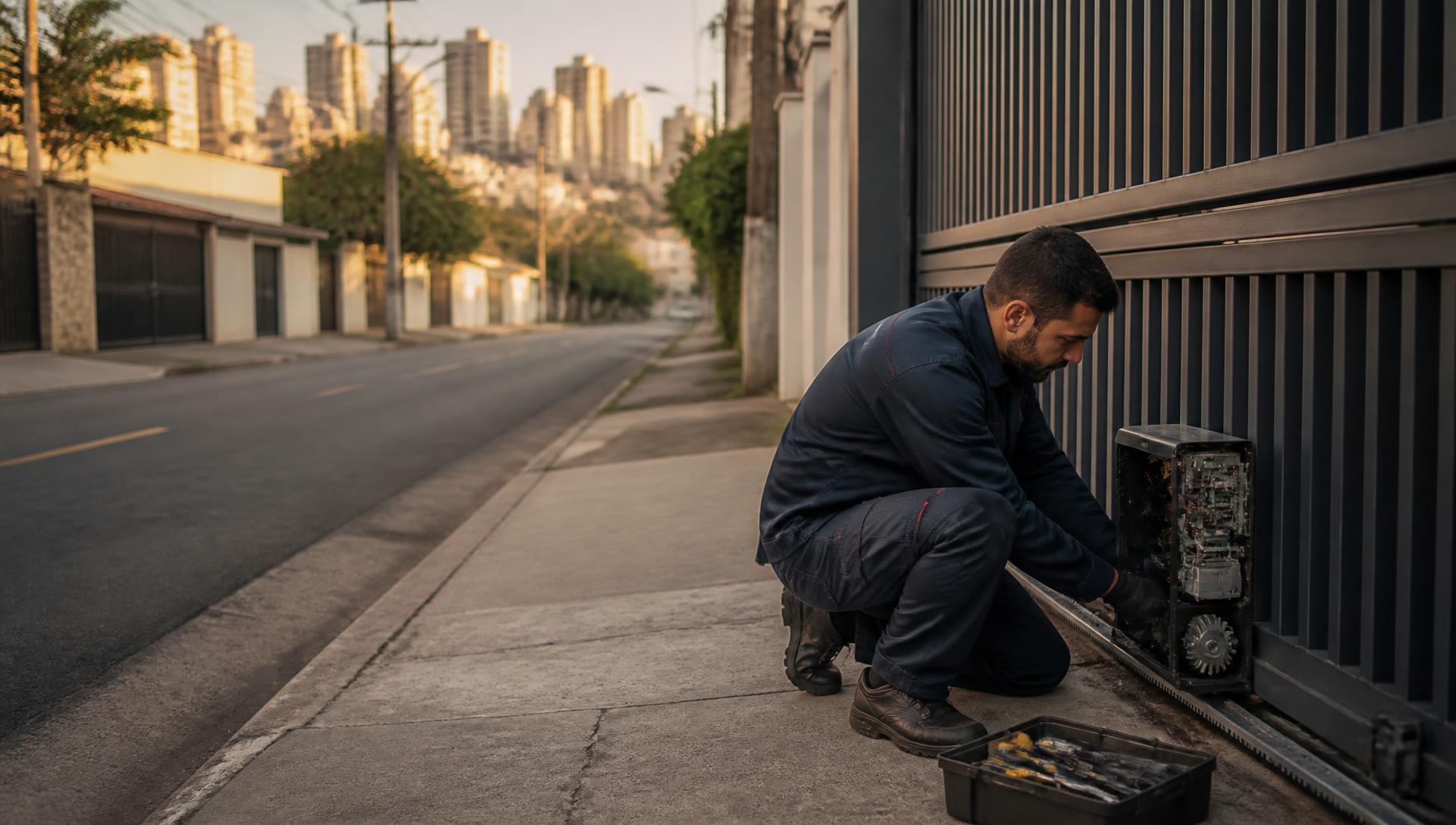 Técnico consertando motor de portão automático em rua residencial